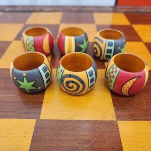 Whimsical Holiday Red Blue Green Wooden Napkin Rings Set of 6 Moon Stars Spiral